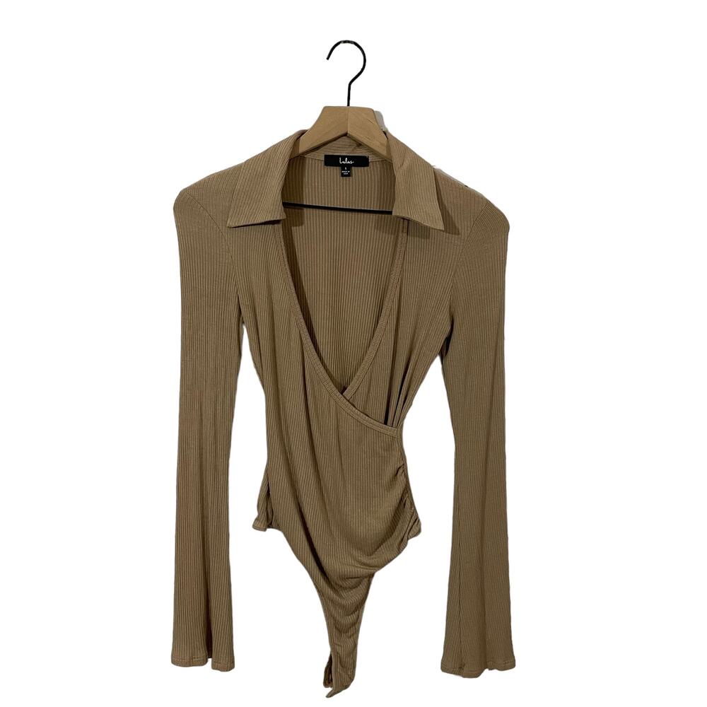 Lulu’s Head to Class Beige Ribbed Collared Long Sleeve Bodysuit - Small